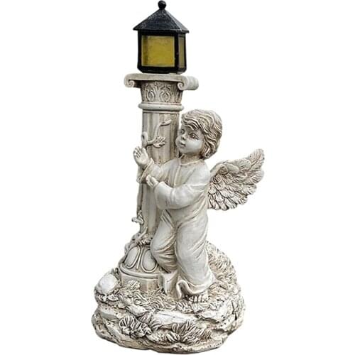 Resin Roman Pillar Angel Figurine Greek Column Statue Solar Energy Sculpture Crafts for Garden Patio Decor Ornament