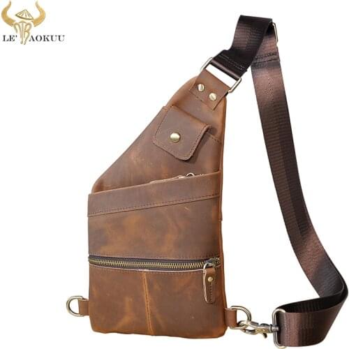 Men Crazy Horse Leather Casual Fashion Cross-body Chest Sling Bag Design Travel 8" Tablet One Shoulder Bag Daypack Male 20815