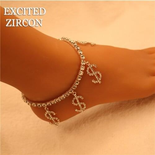Excited Zircon Novelty Dollar Sign Pendant Anklet Wholesale for Women Fashion Rhinestone Tennis Chain Anklet Charm Foot Jewelry