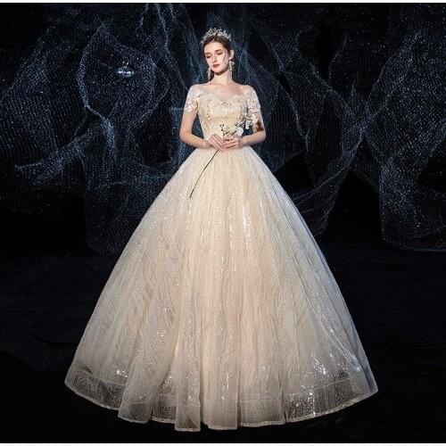 2020 Luxury Champagne Wedding Dress Short Sleeve Lace Up Ball Gown Princess Bling Bling Lace Wedding Dresses Plus Size Vestidos
