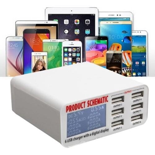 Fast Charger, EU/US/UK Plug 6A 6 USB Port Fast Charger HUB Wall Charging Adapter LCD Screen