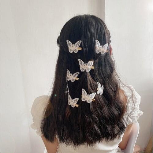 Double Butterfly Girls Cute Duckbill Clip White Lace Fabric Fairy Girl Wild Side Clip Fashion Net Red Fresh Kid Hair Accessories