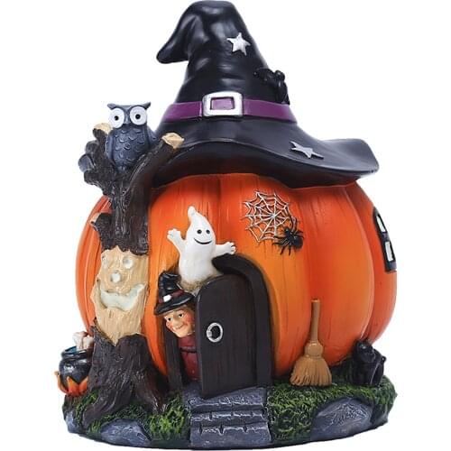Pumpkin Witch Ornament Halloween Pumpkin House Figurine Resin Statue Decor for Office Table Household Room Statue
