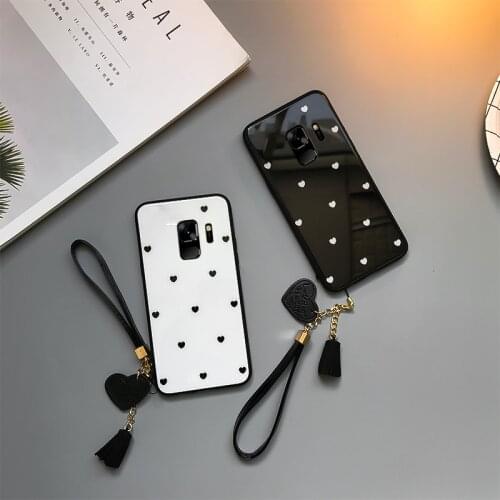BONVAN Glass Case For Samsung A5 A6 A7 A9 A8 Plus 2018 Love Heart Hard Cover For Samsung A9 Star Pro A9s Lanyard Couqe Capa