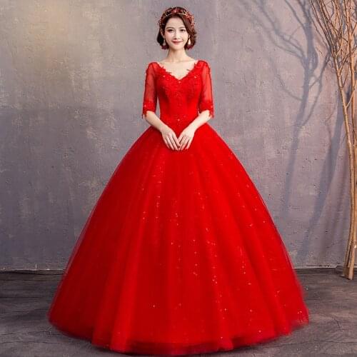 Wedding Dress Elegant V-Neck Red Lace Half Sleeves Empire Embroidery Sequins Floor-Length Plus Size Wedding Gowns For Women G306