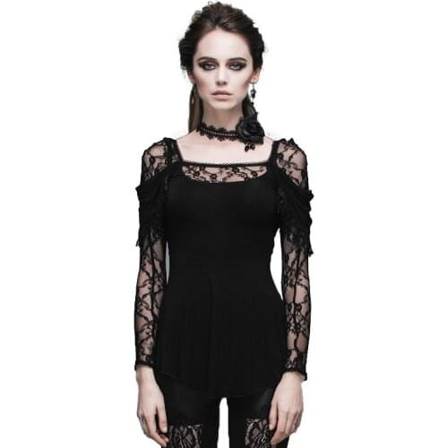 Spring New Steampunk Deep V Neck Women T shirt Black Color Lace Sleeve T-shirts For Women Flocking Sexy Hollow Out Top Women Tee
