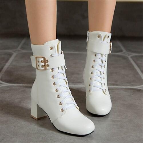 2021Autumn Women Boots Square High Heel Ankle Boots Fashion Round head Buckle Winter Zipper Boots Female Shoes Black White Pink