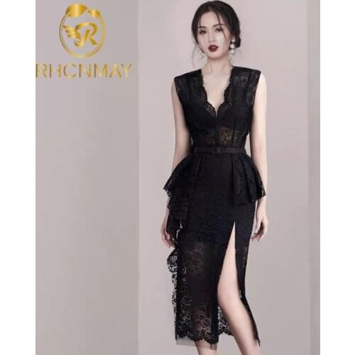 Runway Summer Bodycon Lace Long Dress Women 2020 Elegant Black Lace Dresses Hollow Ruffles Casual sleeveless Dress With Belt