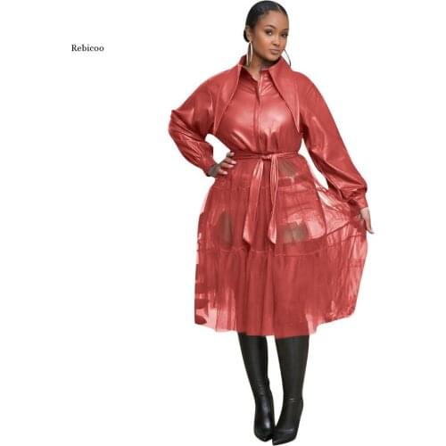 Women Faux Leathe Mesh Patchwork Long Sleeve Pu Coat Jacket Streetwear Long Sleeve Dress