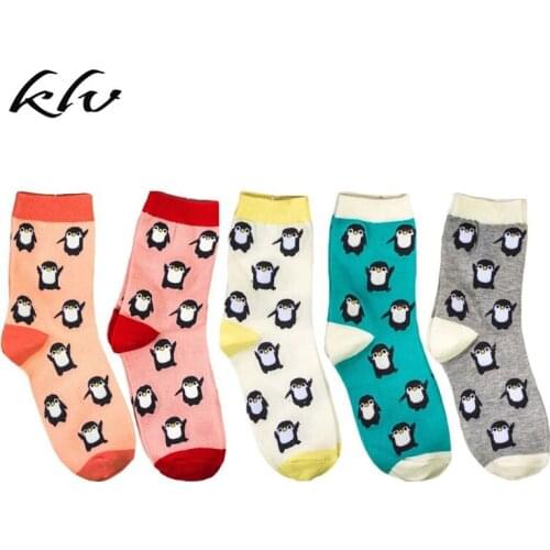 5 Pairs Cute Cartoon Penguin Animal Print Women Crew Socks Cotton Hosiery Gifts
