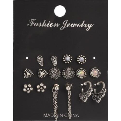 9pairs Stud Earrings Sets for Women Fashion Vintage Antique Earrings Set Female Brincos Geometry Earring Party Jewelry Gift