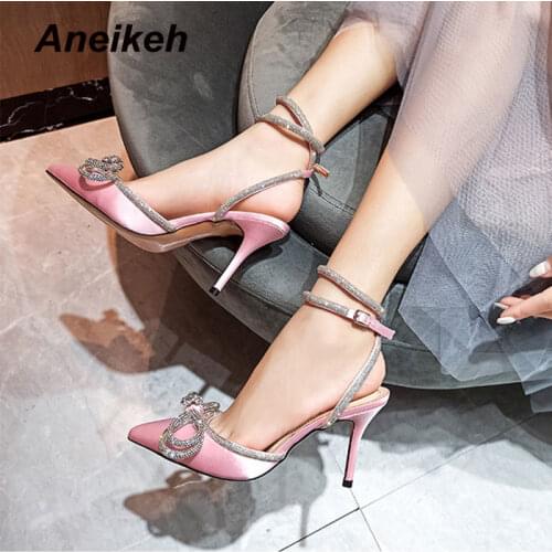 Aneikeh 2021 Summer Women Shoes Stiletto Heels Sandals Pointed Toe Ankle Strap Solid Flock Bling Black Size 34-40 New Sexy Party