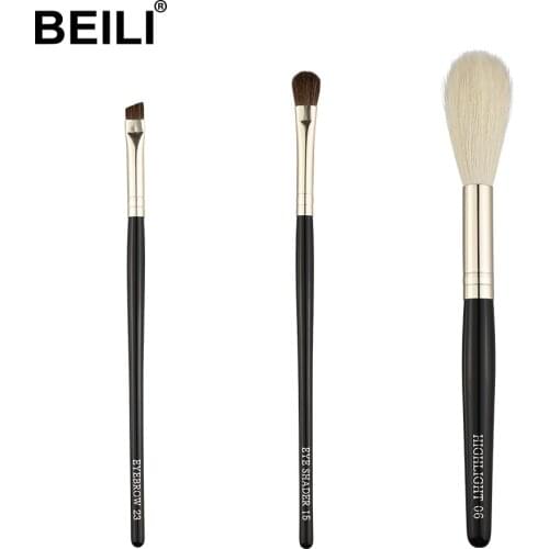 BEILI 100% Real Goat Hair Pony hair Black handle Highlight Blush Long Hair Eye shadow Eye brow 3 pieces Makeup Brushes set