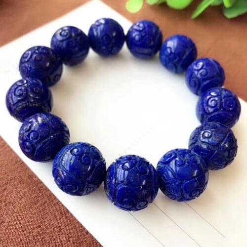 Genuine Natural Royal Blue Lapis Lazuli Stone Craved Round Big Beads Women Man Stretch Bracelet AAAAA 19mm Certificate