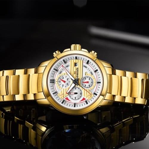SWISH Luxury Golden Watches Men Stainless Steel Chronograph Sports Military Wristwatches Waterproof Business Relogio Masculino