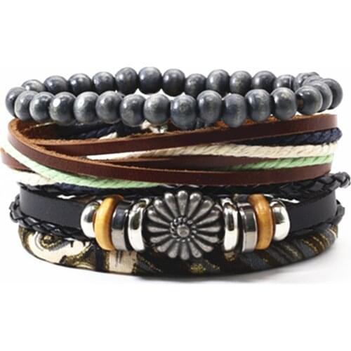 Black Punk Charm Handmade Woven Beads Leather Men Bracelets Set Women Vintage Bangle Male Homme Men Jewelry Accessories