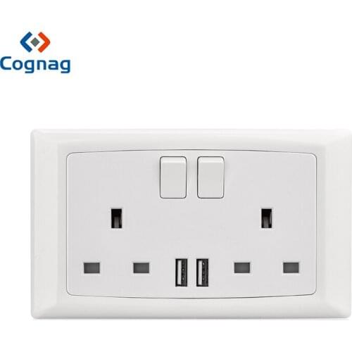 Cognag White British 2 gang 13A double wall socket with dual USB charge port