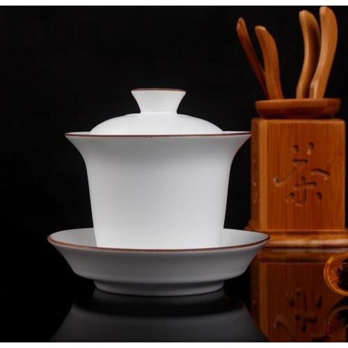 Jingdezhen Ding Kiln Matt White Browm Rim White Ceramic Gaiwan Gongfu Tea Brewing Teacup Gaiwan 160ml Ceramic Tureen Three Bowl