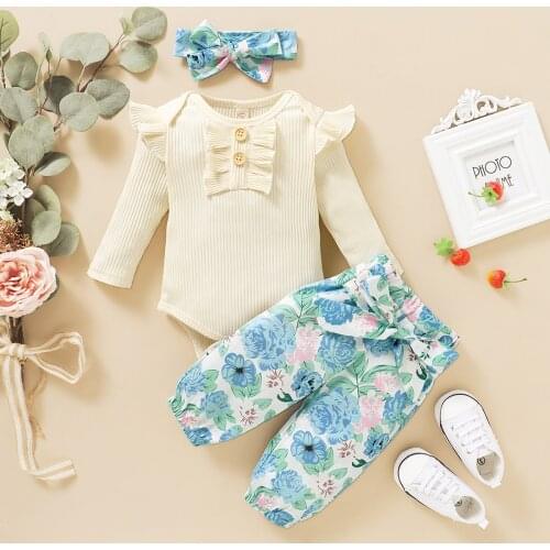 Newborn Baby Girl Clothes Set Fashion Autumn Long Sleeve Ruffle Button Romper Tops Floral Pants Headband Infant Clothing Outfits
