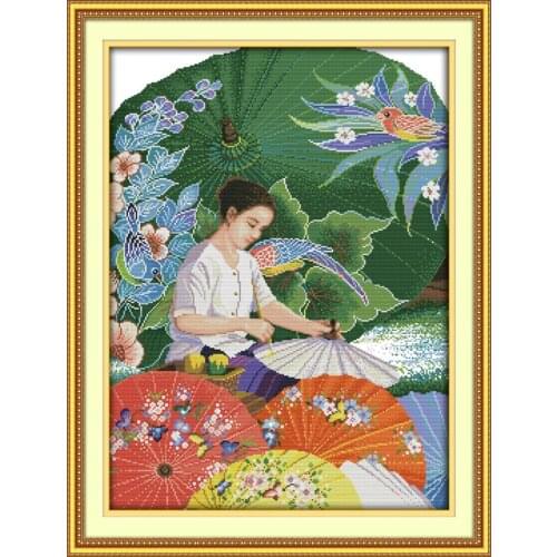 Girl Making the Umbrellas Portrait Cotton Cross stitch kits Aida Accurate Printed Embroidery DIY Handmade Needlework Home Decor