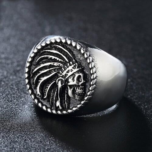 Vintage American Native Skull Ring for Men And Women Cool Tribe Warrior Stainless Steel Skull Biker Rings Indians Jewelry