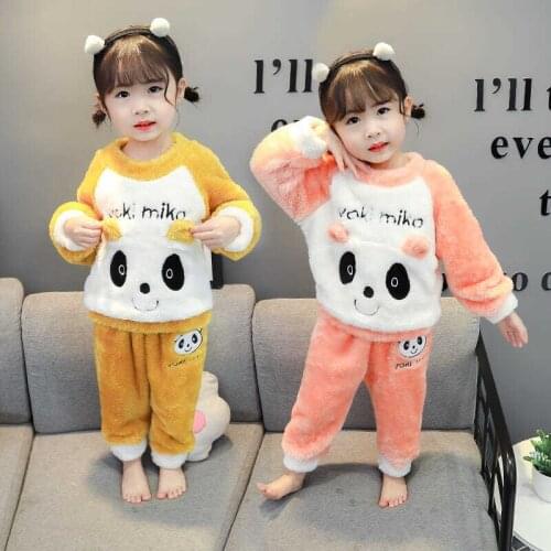 Double-sided Plush Keep Warm Girls Boys Clothing Set Cartoon Panda Dinosaur Thickened Winter Children Home Service 2Pcs Suit