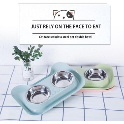Cat bowl stainless steel cheap pet feeder Drinker dish cat face bowls and drinkers For cats accessories One-piece Double bowl