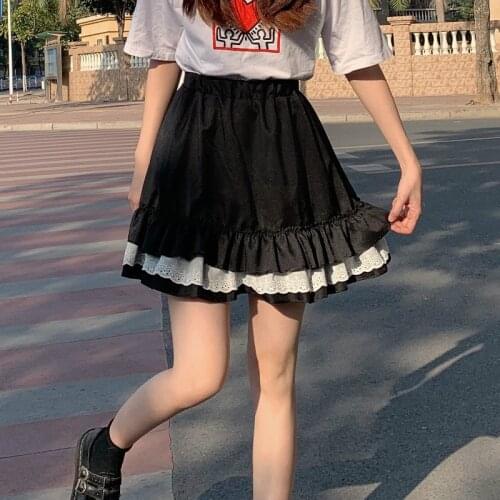 Japanese Gothic Lolita Style Mini Skirts Women Sweet Lace Ruffles Bubble Skirt Korean Girls Sexy Harajuku High Waist Punk Skirts