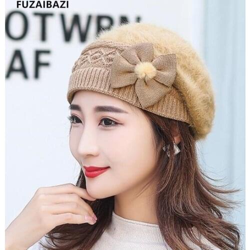 FUZAIBAZI Fashion Womens Winter Hat Thermal Velvet Knitted Berets New Flowers Decoration Ear Protectors Brands Cap Casquette