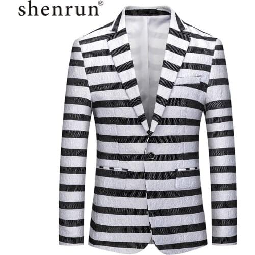 Shenrun Men Jacket Black White Stripe Blazer Slim Fit Wedding Groom Suit Jacket Singer Host Stage Dress Blazers M-6XL Plus Size