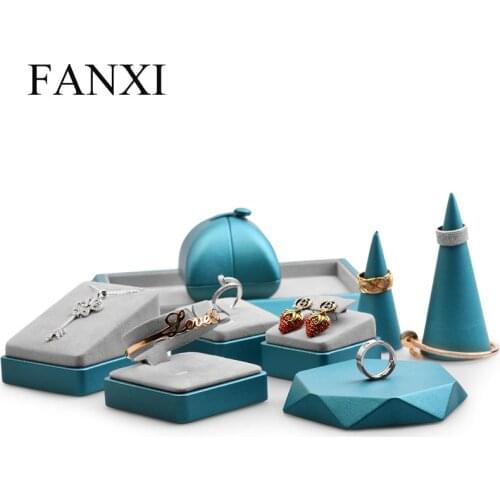 Oirlv Jewelry Display Set Blue Leather Ring Necklace Display Rack Jewelry Organizer Tray Earring Display Stand