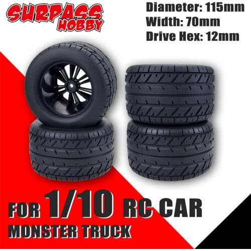 SURPASS HOBBY 4PCS Monster Truck Wheels Tires 115MM Off-Road Car Tires Set for 1/10 RC Car HPI HSP Savage XS TM Flux Racing LRP