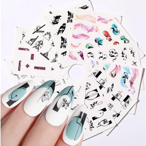 12 Sheet French Line Flower Nail Water Decals Abstract Face Geometric Flower Leaves Nail Art Stickers Sliders Manicures Tips