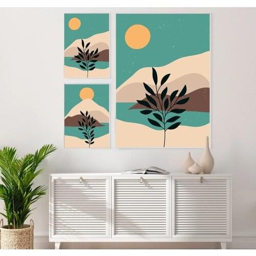 Boho Landscape Wall Art Picture Mountain Sunrise Plant Aesthetic Print Poster Canvas Painting For Living Room Home Decoration