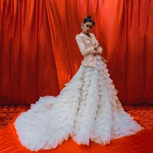 Formal White Draped Tulle Wedding Bridal Skirts With Train A-line Ruffles Tulle Mesh Long Women Tulle Skirts Maxi Skirts