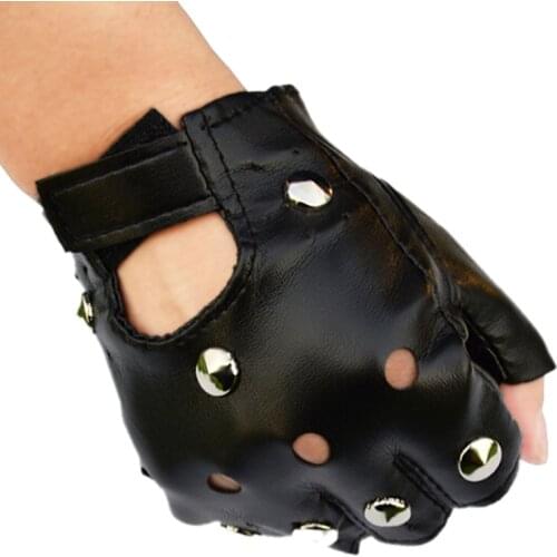 Unisex Silver Rivets Half Finger Gloves PU Leather Glove Punk Thin Sports Fitness Women Men Halloween Party Black Gloves