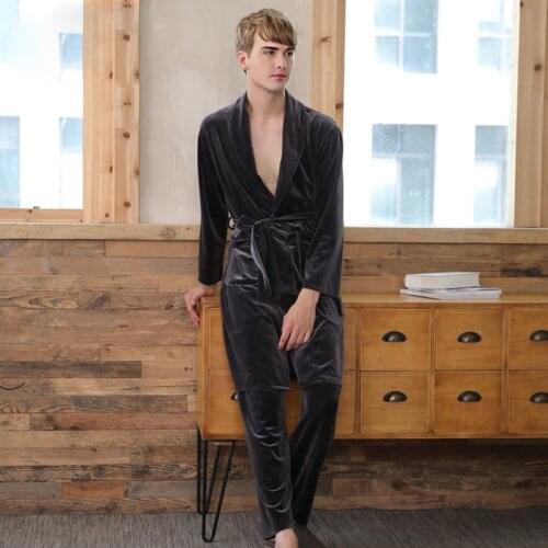 Mens Gold Velvet Pajamas Mens bathrobe Winter Warmer Medium Two-Piece Sets Luxury Long Sleeve Homewear Nightwear Wholesale