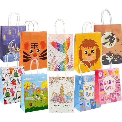 6Pcs Unicorn Jungle Theme Birthday Kraft Paper Candy Gift Bags With Handle For Baby Shower Birthday Halloween Party Decoration