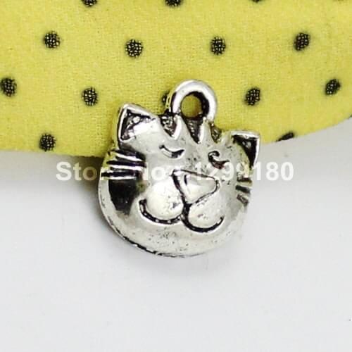 80pcs/lot Metal Zinc Alloy Silver Tone cat Charm Pendant For Necklace DIY Jewelry Making Accessories 14x13mm (K01333)