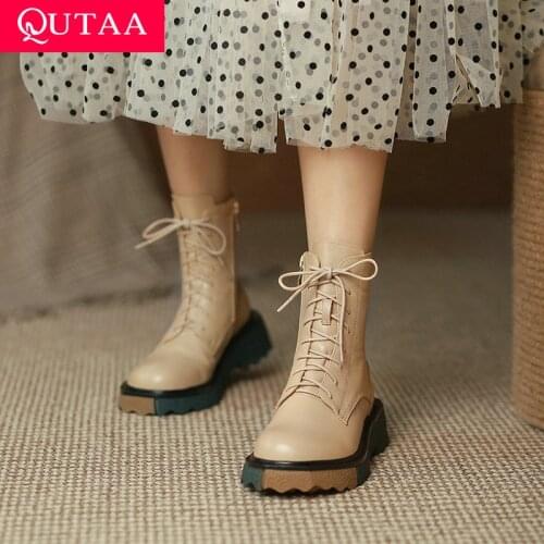 QUTAA 2022 Women Ankle Chelsea Boots Mixed Color Women Shoes Platform Square Med Heel Winter Shoes Women Boots Big Size 34-39