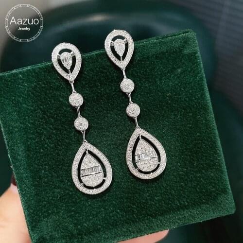 Aazuo 18K Pure White Gold Fashion Jewelry Real Diamonds IJ SI 1.0ct Long Water Drop Stud Earring Party Fine Jewelry Hot Sell
