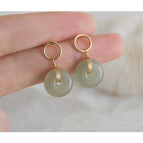 Vintage Fashion Concise Green Jade Emerald Gemstones Drop Earrings for Women 14k Gold Color Jewelry Brincos Lucky Birthday Gifts