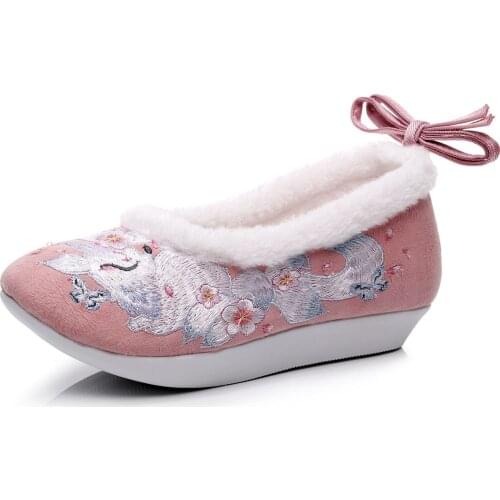 Autumn Winter Women Warn Fur Cotton Flat Shoes Ladies Comfort Casual Flats Retro Chinese Fox Embroidered Shoes