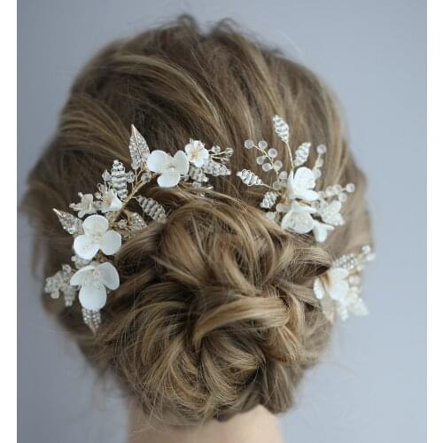 Bridal Clay Flower Headpiece Hair Pin Set Rhinestone Gold Leaf Hair Jewelry Fashion Women Party Hair Accessories 2019