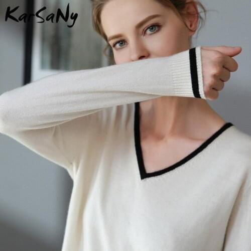 KarSaNy V Neck Sweater Women Jumper 2019 Womens Vintage Striped Sweater Ladies Sweaters Female Winter Cashmere Sweater Women