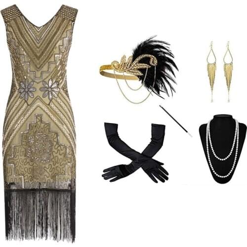 The 1920s vintage dress handmade beaded fringed gown and headpiece gloves five-piece