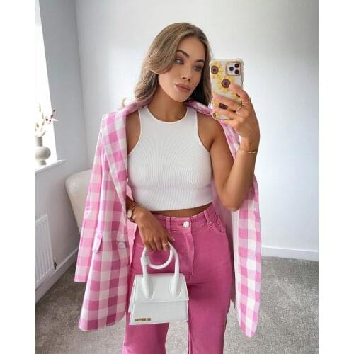 2021 Women Two-piece Set Loose Pink Cotton Plaid Vintage Office Lady Single Breasted Blazer Female High Waist Skirt Suit