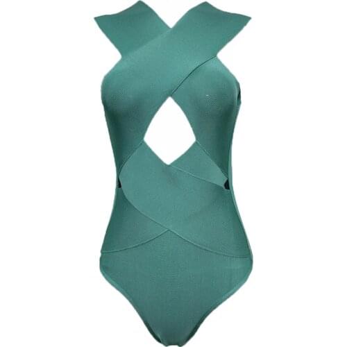 Summer Women Sexy Nude Cross Neck Hollow Out Bandage Bodysuits Solid Sleeveless Bodycon Rompers Nightclub Bodysuits Wholesale