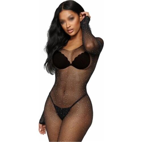 Women Rhinestone Erotic Underwear Sexy Mesh Yarn Bodysuits Uniform Temptation Sexy Women Open Crotch Long Sleeve Sexy Lingerie
