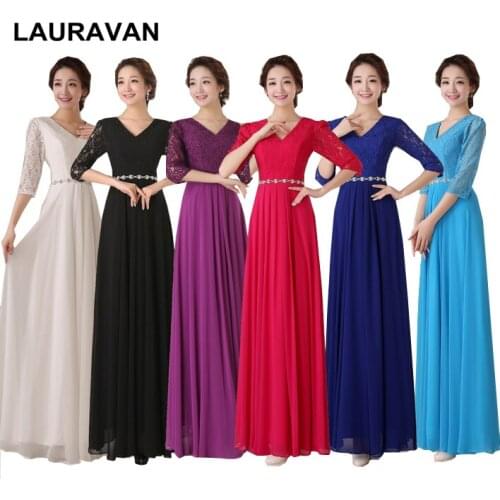 Ladies plus size purple blue chiffon v-neck floor-length bridesmaid dress party dresses 2020 with sleeves gown
